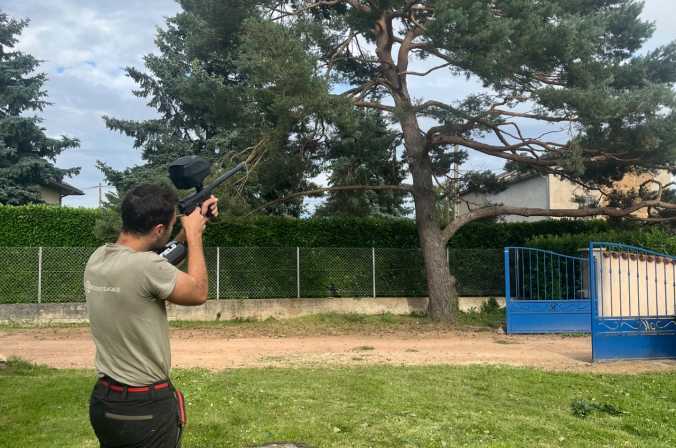 Projection de phéromones sur un pin sylvestre chez un particulier pour lutter contre la chenille processionnaire à Saint-Georges-de-Reneins